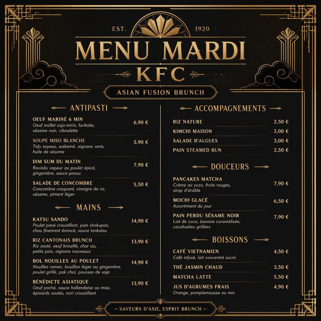 Carte de menu A4 portrait style années 1920, noir et or, avec en-tête décoratif, rubriques et colonne de prix