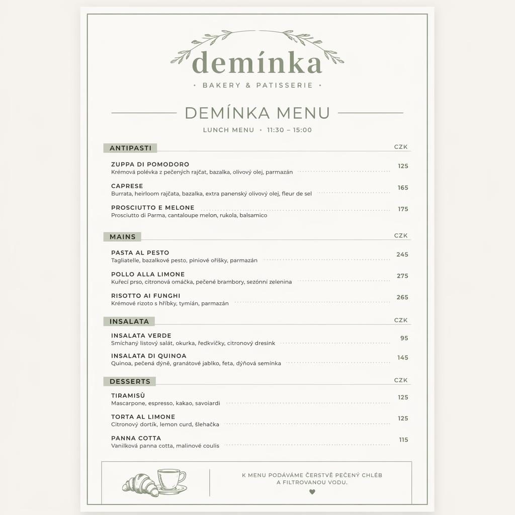 A4 obědové demínka menu v minimalistickém swiss stylu, šalvějová a slonovinová paleta, sekce, ceny a dekorativní záhlaví.