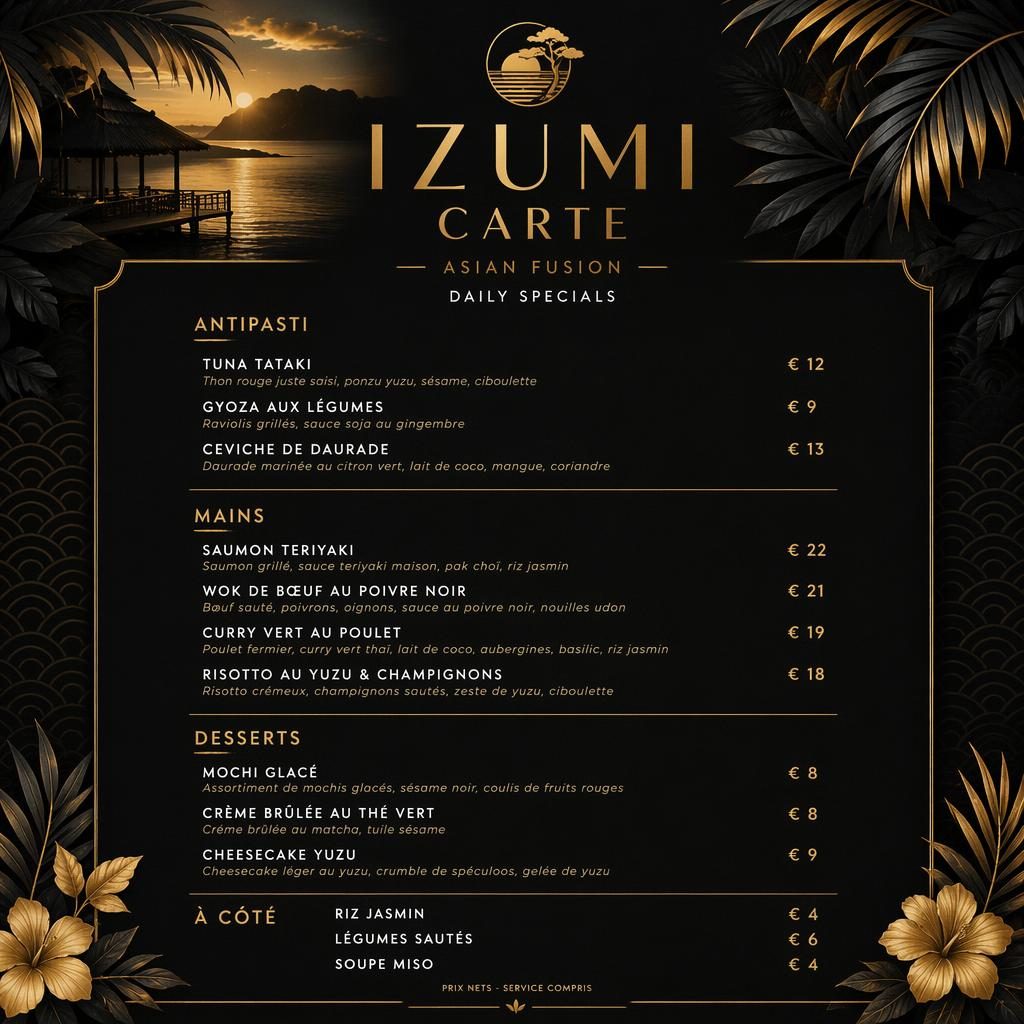 Carte de menu A4 portrait izumi carte, style resort tropical noir et or, en-tête décoratif, rubriques, plats et colonne de prix.