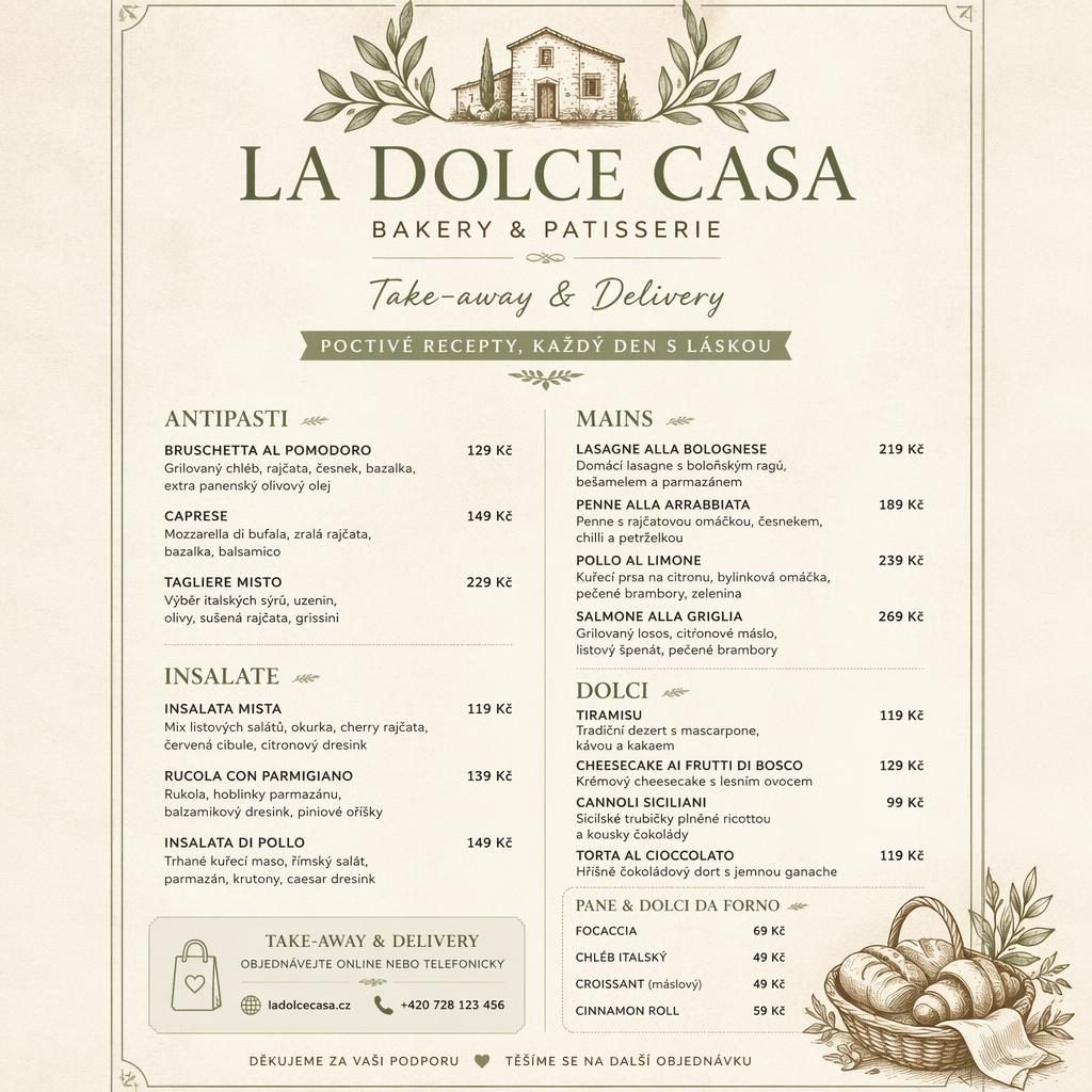 A4 menu karta pro restauraci v rustikálním stylu, šalvějová a ivory paleta, sekce jídel, ceny a dekorativní hlavička.