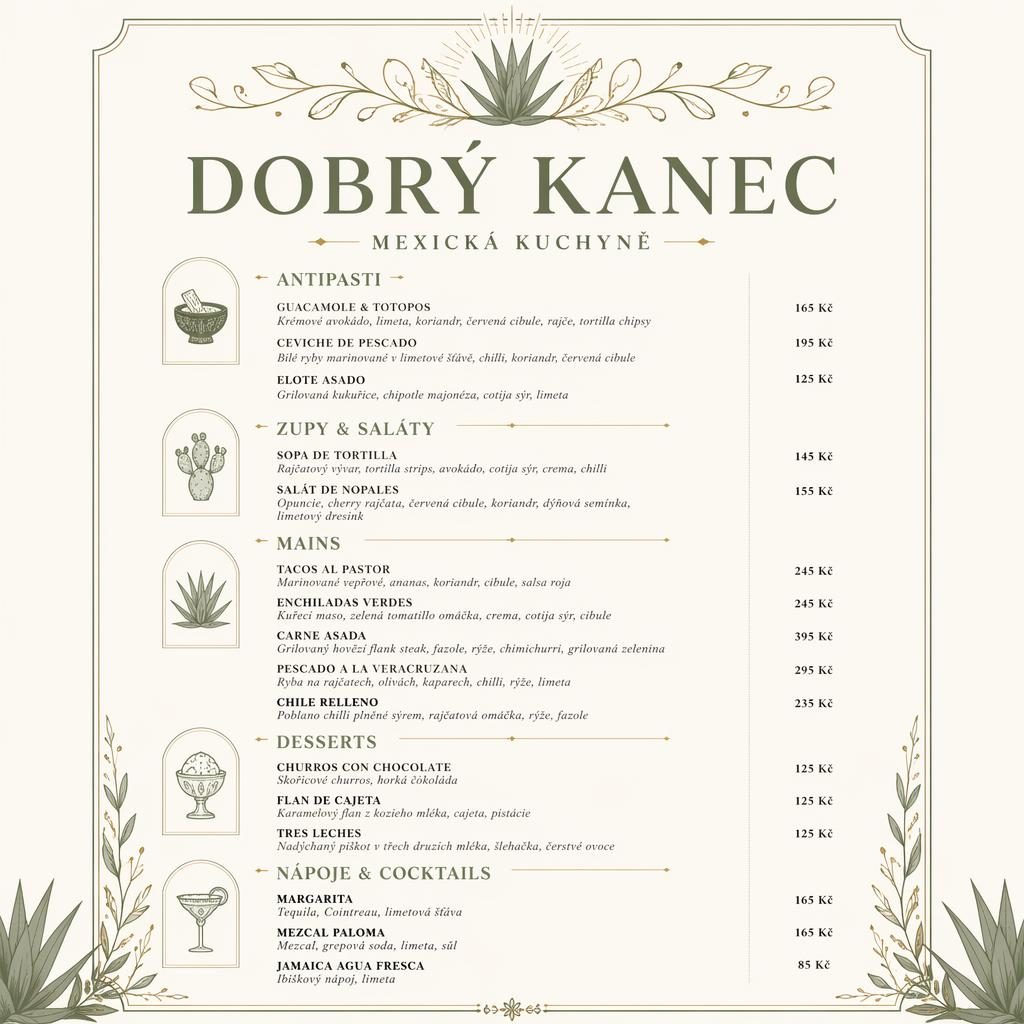 A4 menu karta na výšku pro dobry kanec, luxusní mexický design v šalvějové a slonovinové, s cenovým sloupcem.