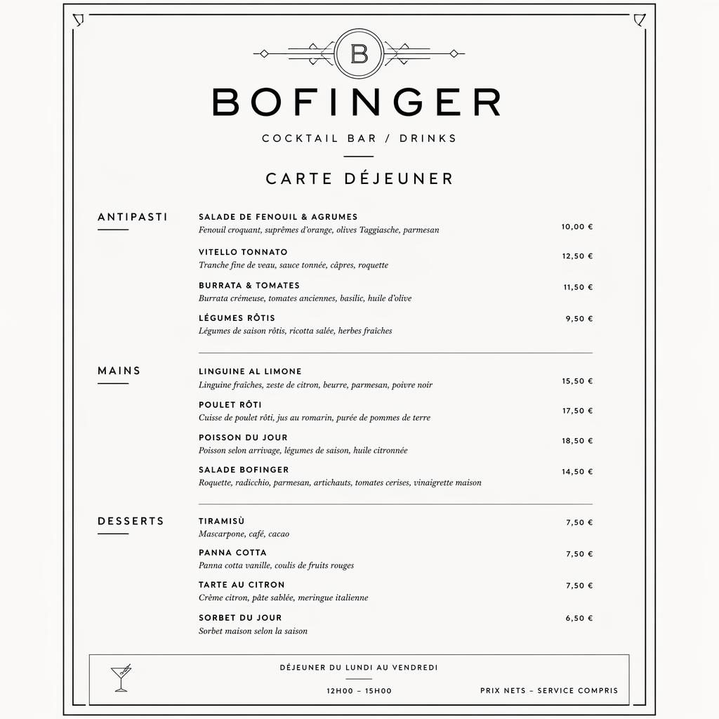 Carte de menu A4 en portrait, style suisse minimaliste noir et blanc, avec en-tête décoratif, rubriques et colonne de prix.