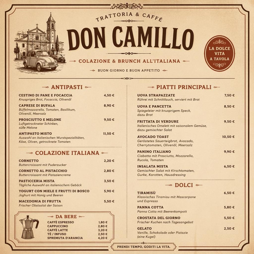A4-Menükarte im Stil der 1920er für Don Camillo, italienisches Frühstück mit Deko-Header, Rubriken und Preisen.