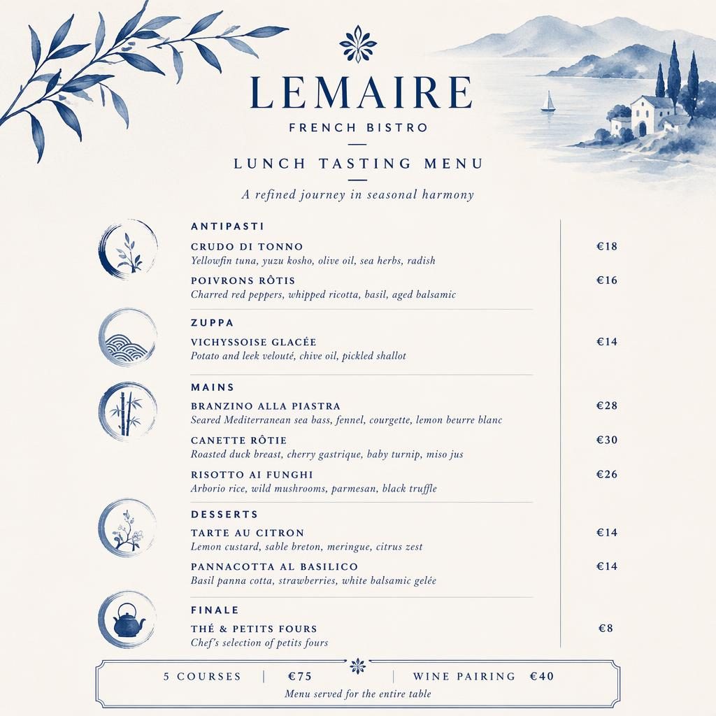 A4 portrait restaurant menu card for lemaire lunch menu with decorative header, placeholder sections, prices, blue and cream.