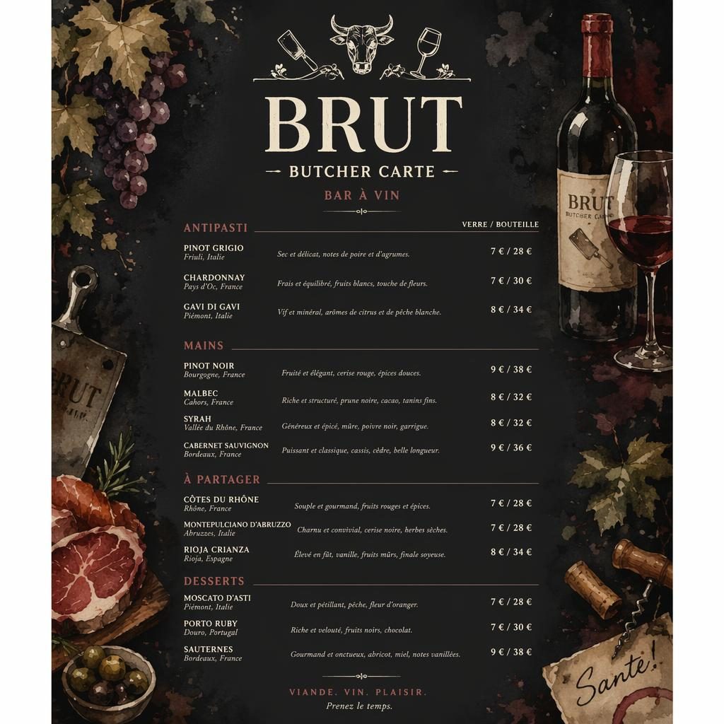 Carte des vins A4 en portrait pour brut butcher carte, style aquarelle cosy sombre avec en-tête décoratif et colonnes de prix