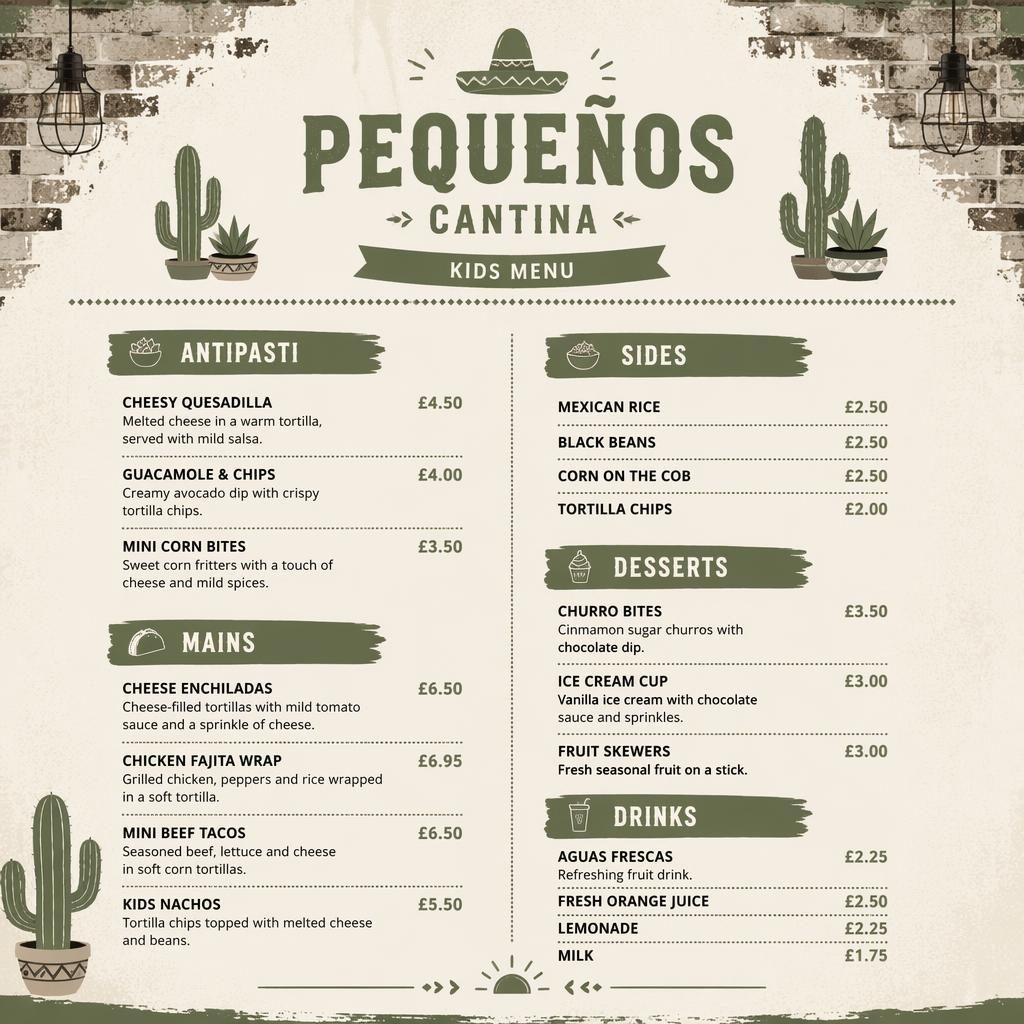 A4 portrait kids Mexican menu card layout in sage and ivory with industrial loft style, decorative header, sections, prices.