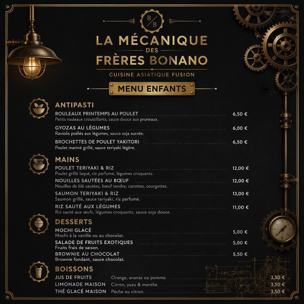 Carte de menu enfant asian fusion en format A4 portrait, style loft industriel noir et or, avec en-tête décoratif et colonnes de prix.
