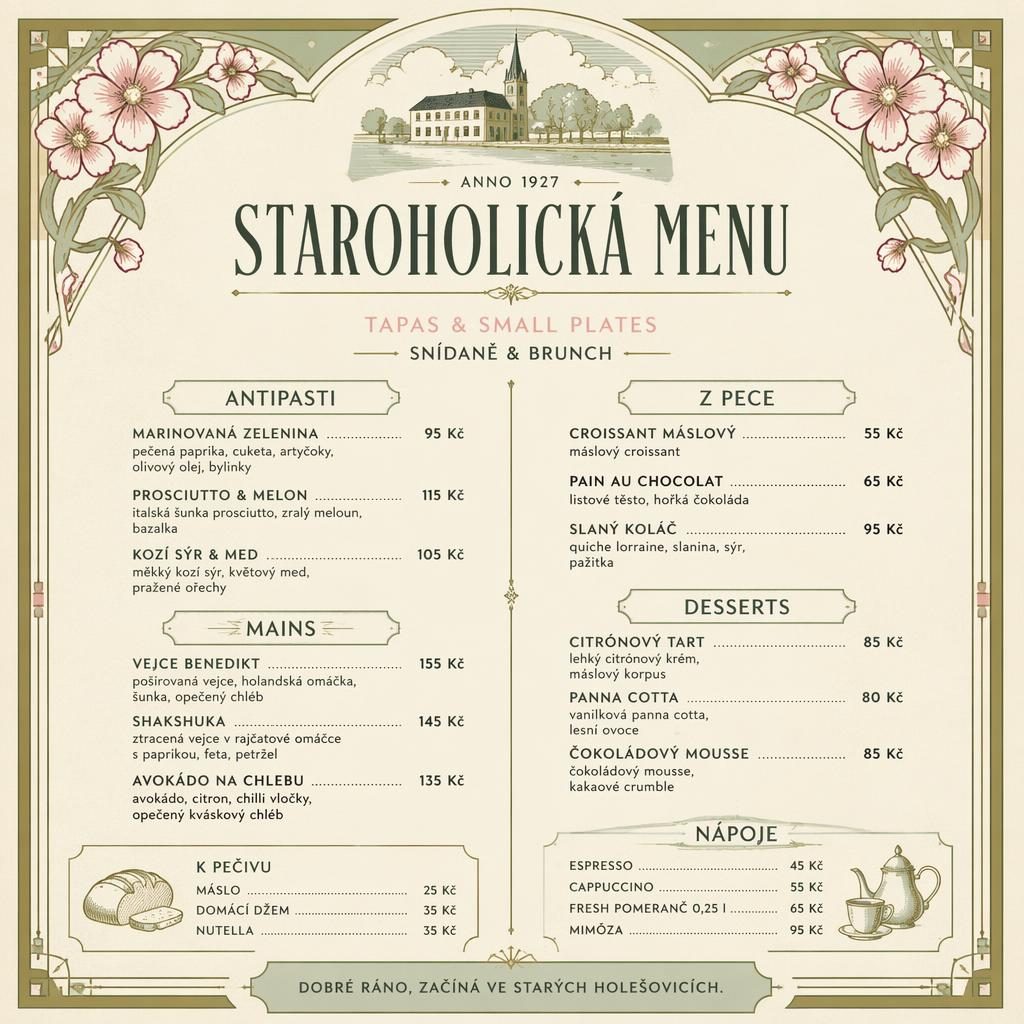 Vintage menu karta A4 na výšku pro brunch, jarní paleta, dekorativní záhlaví, sekce jídel a sloupec s cenami.