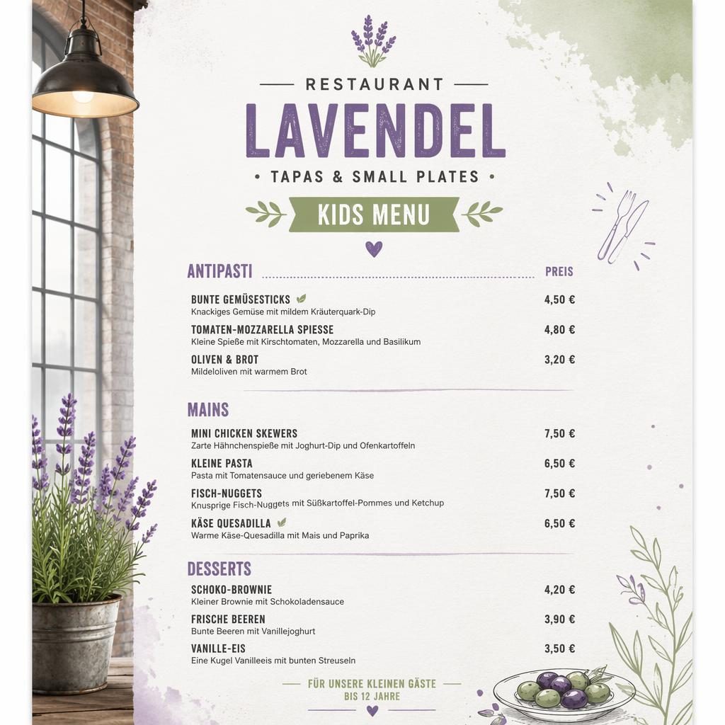 A4-Menükarte für Restaurant Lavendel, Kinderkarte im Industrial-Loft-Stil mit Frühlingsfarben, Platzhaltertext und Preisen.