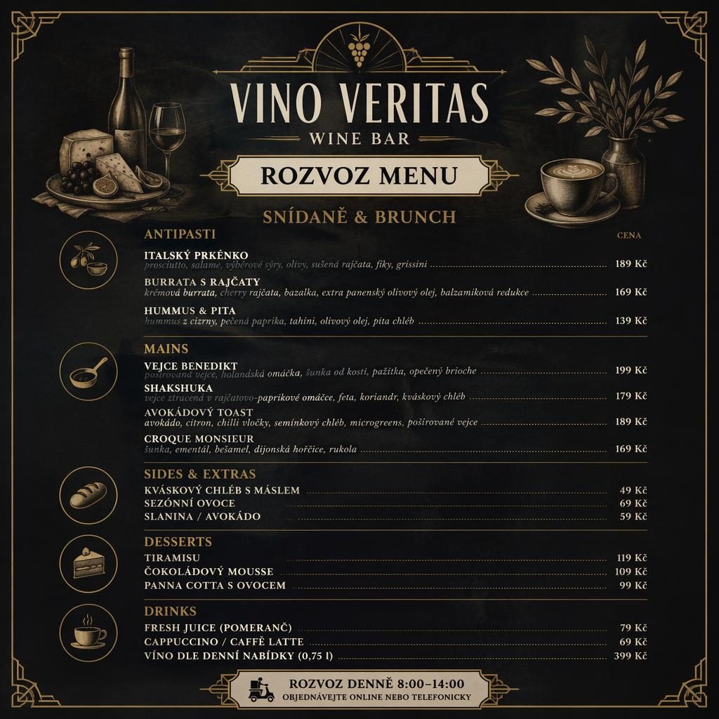 Tisková A4 karta rozvoz menu pro vinárnu, brunch ve vintage stylu 20. let, tmavá paleta, dekorativní hlavička a ceny.