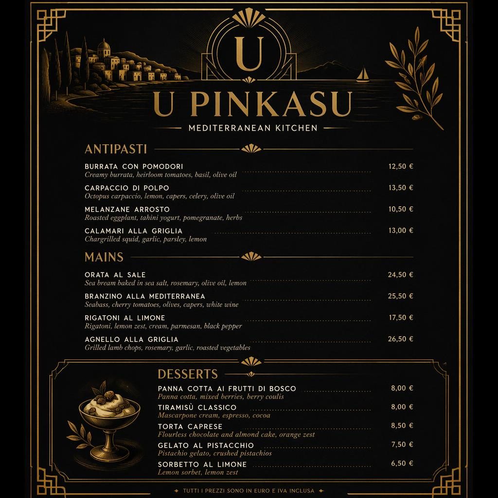 A4 dezertní menu restaurace U Pinkasů v černo-zlatém art deco stylu s dekorativní hlavičkou a sloupcem cen.