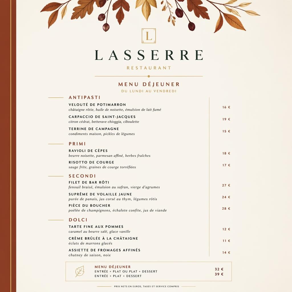 Carte de menu déjeuner A4 en portrait, style suisse minimaliste, palette automnale, titres de sections, plats fictifs et colonne de prix.