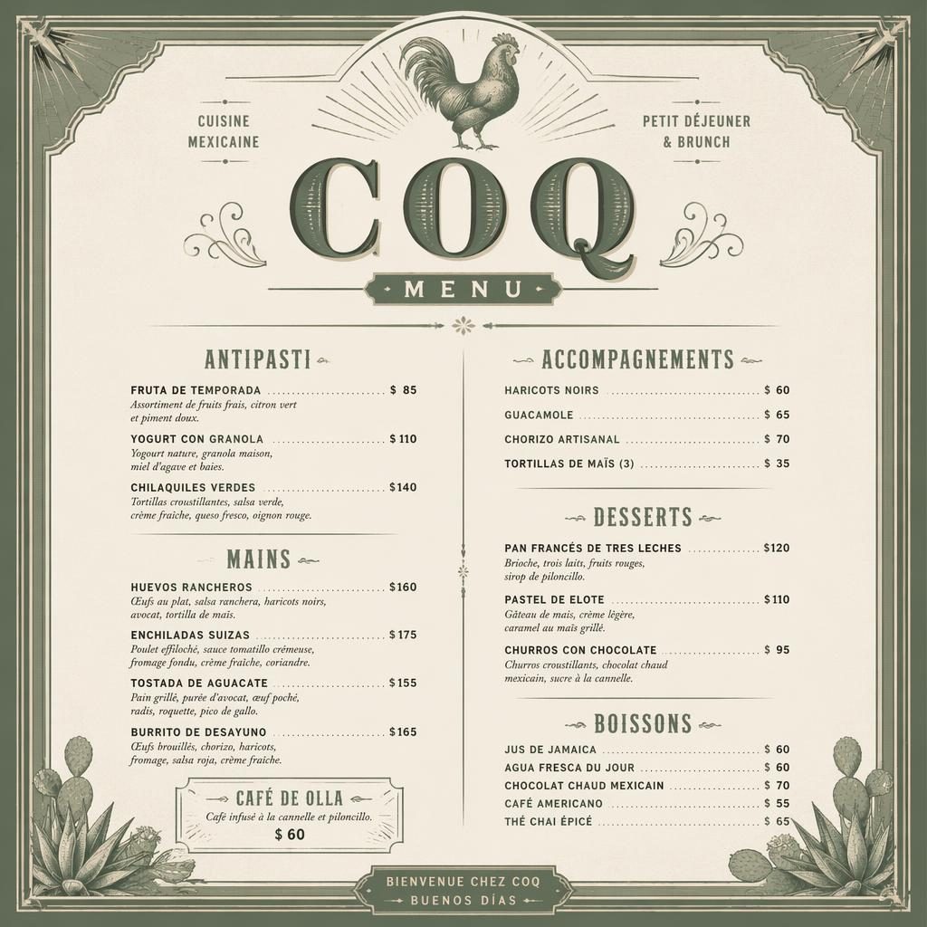 Carte de menu A4 portrait style années 1920, palette sauge et ivoire, brunch mexicain avec en-tête décoratif et colonne de prix.