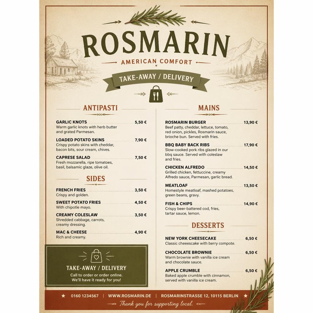 A4-Menükarte für Restaurant Rosmarin im warm-rustikalen Stil mit Sektionen, Platzhaltertext, Preisen und Zierkopf.