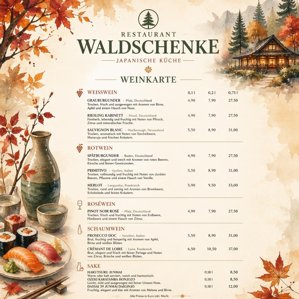A4-Menükarte im Hochformat für Restaurant Waldschenke, japanische Sushi-Weinkarte in warmem Aquarell-Herbststil.