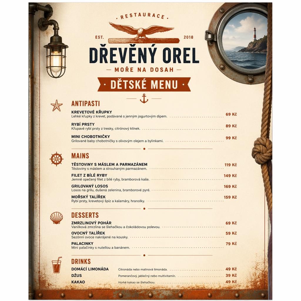 A4 menu karta pro děti s mořskými jídly, industriální loft styl, krémová a rezavá paleta, dekorativní hlavička a ceny