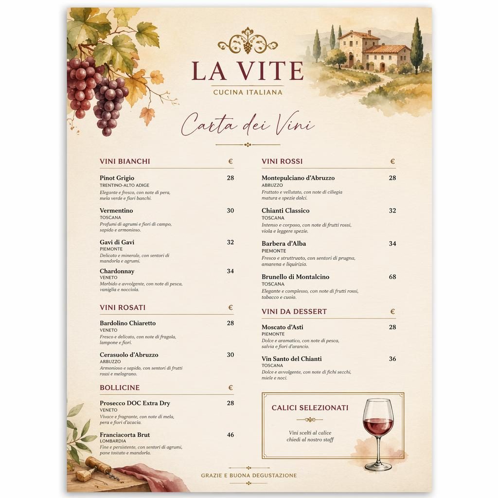 A4-Weinkarte im italienischen Aquarellstil mit dekorativem Header, Rubriken, Platzhaltertext und Preisspalte