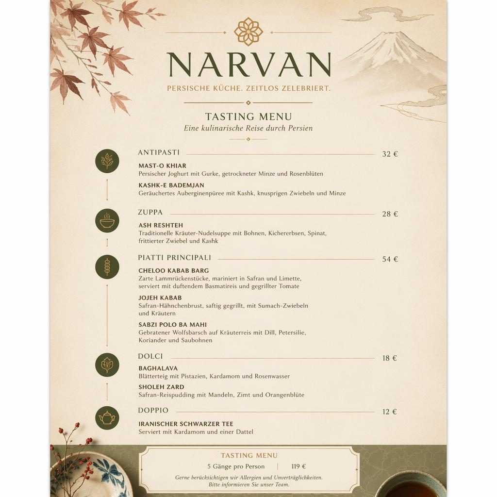 A4-Menükarte für iranisches restaurant im Kaiseki-Stil mit warmen Erdtönen, dekorativem Kopfbereich, Platzhaltertext und Preisen.