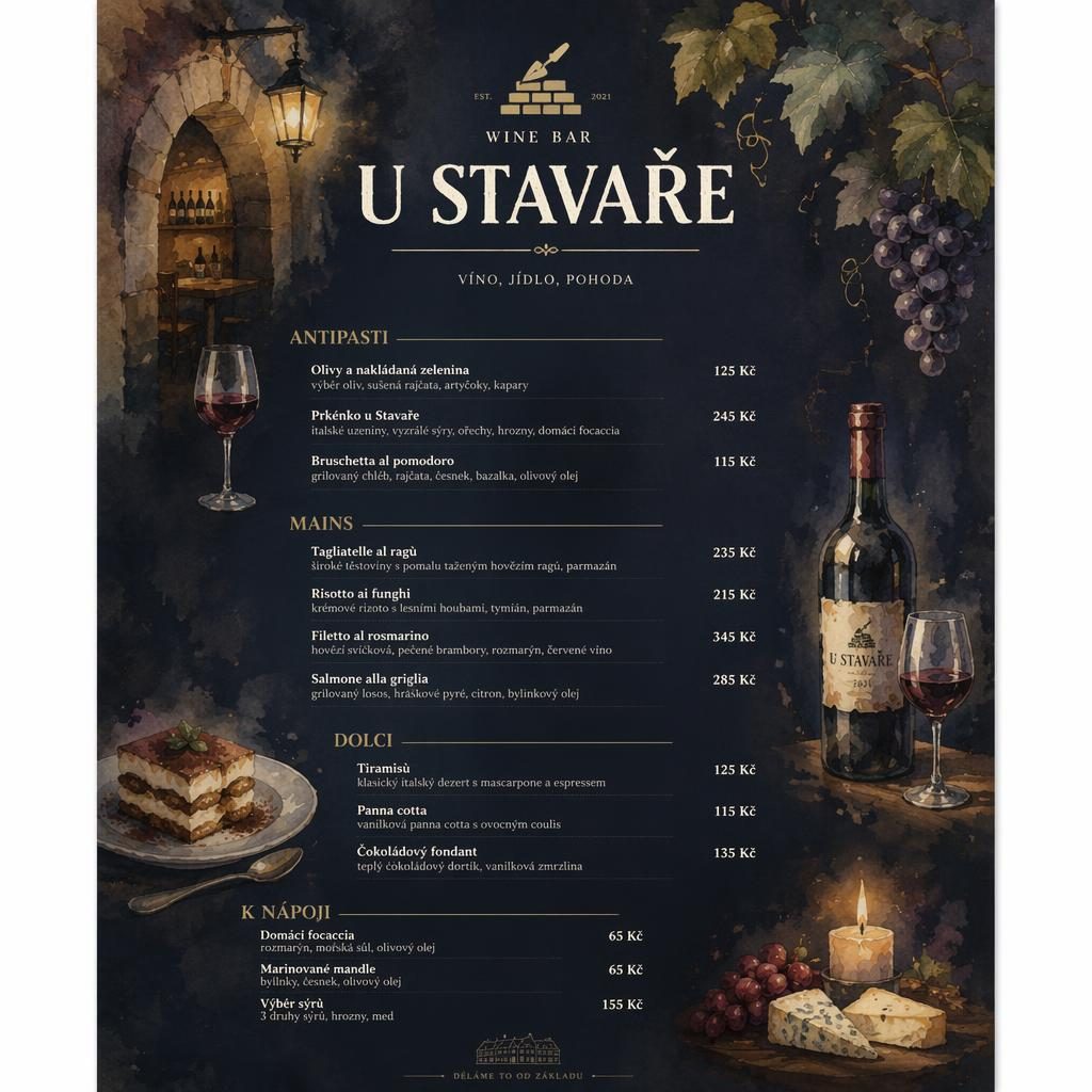 A4 vinný lístek pro wine bar s akvarelovým tmavým laděním, dekorativní hlavičkou, sekcemi, cenami a zástupným textem.