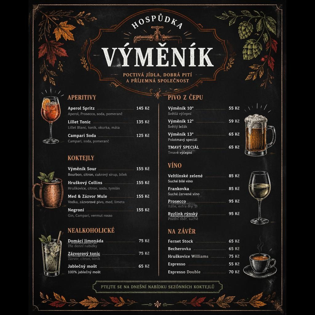 A4 nápojový lístek pro hospůdka výměník, styl křídové tabule, podzimní barvy, dekorativní hlavička a ceny.