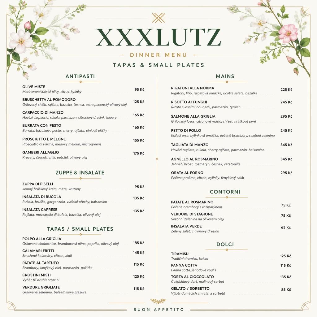 Luxusní menu karta A4 na večeři ve stylu fine dining, jarní paleta, sekce jídel, ceny a dekorativní záhlaví.