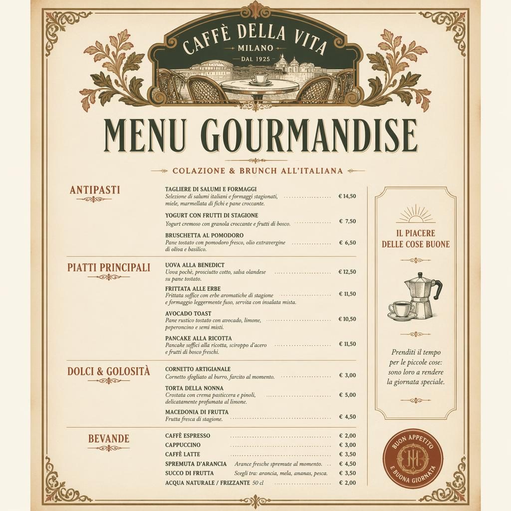 Carte de menu italienne A4 portrait, style années 1920, palette terre chaude, en-tête décoratif et colonnes de prix.