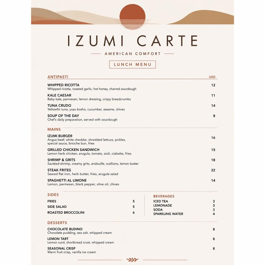 Carte de menu déjeuner A4 en portrait pour izumi carte, style suisse minimaliste, palette terre chaude, rubriques et prix.