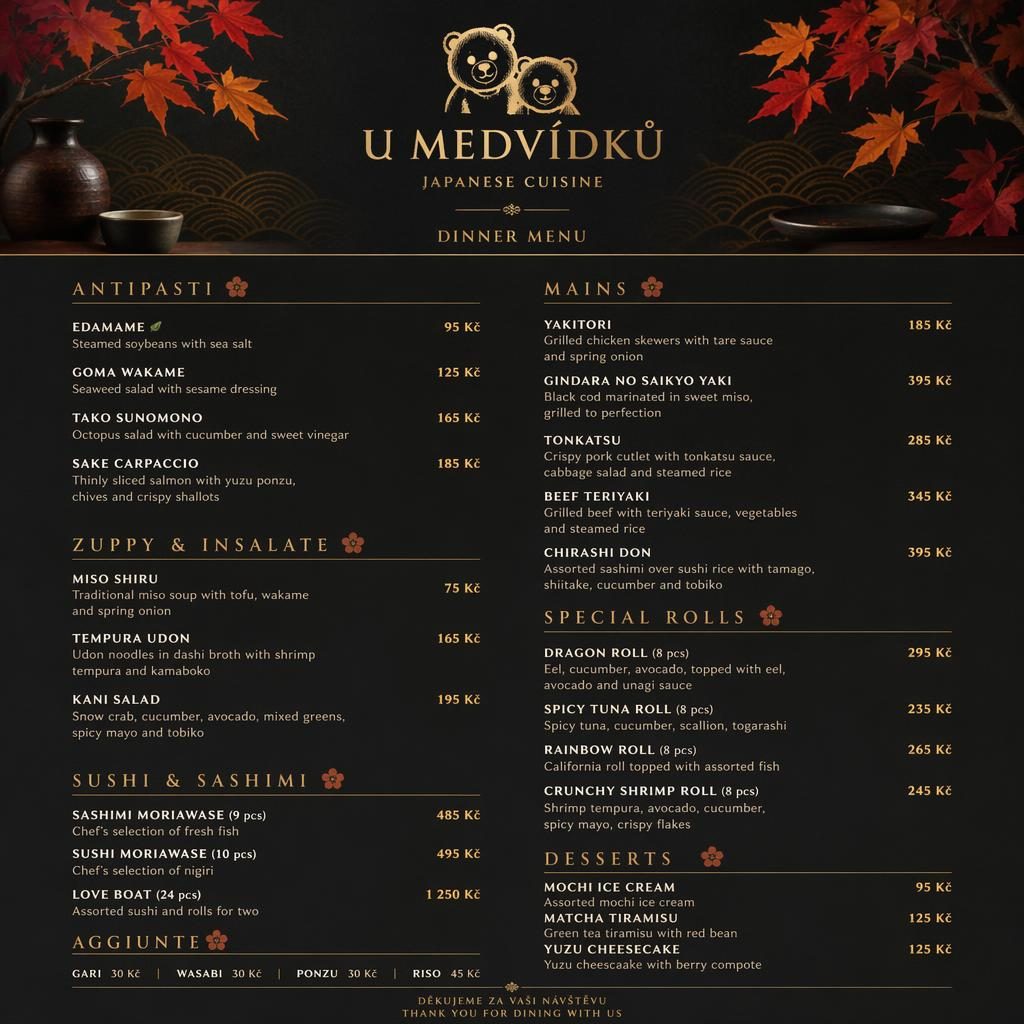 Luxusní sushi menu A4 na výšku s dekorativní hlavičkou, sekcemi chodů, popisy jídel a sloupcem cen v podzimní paletě.