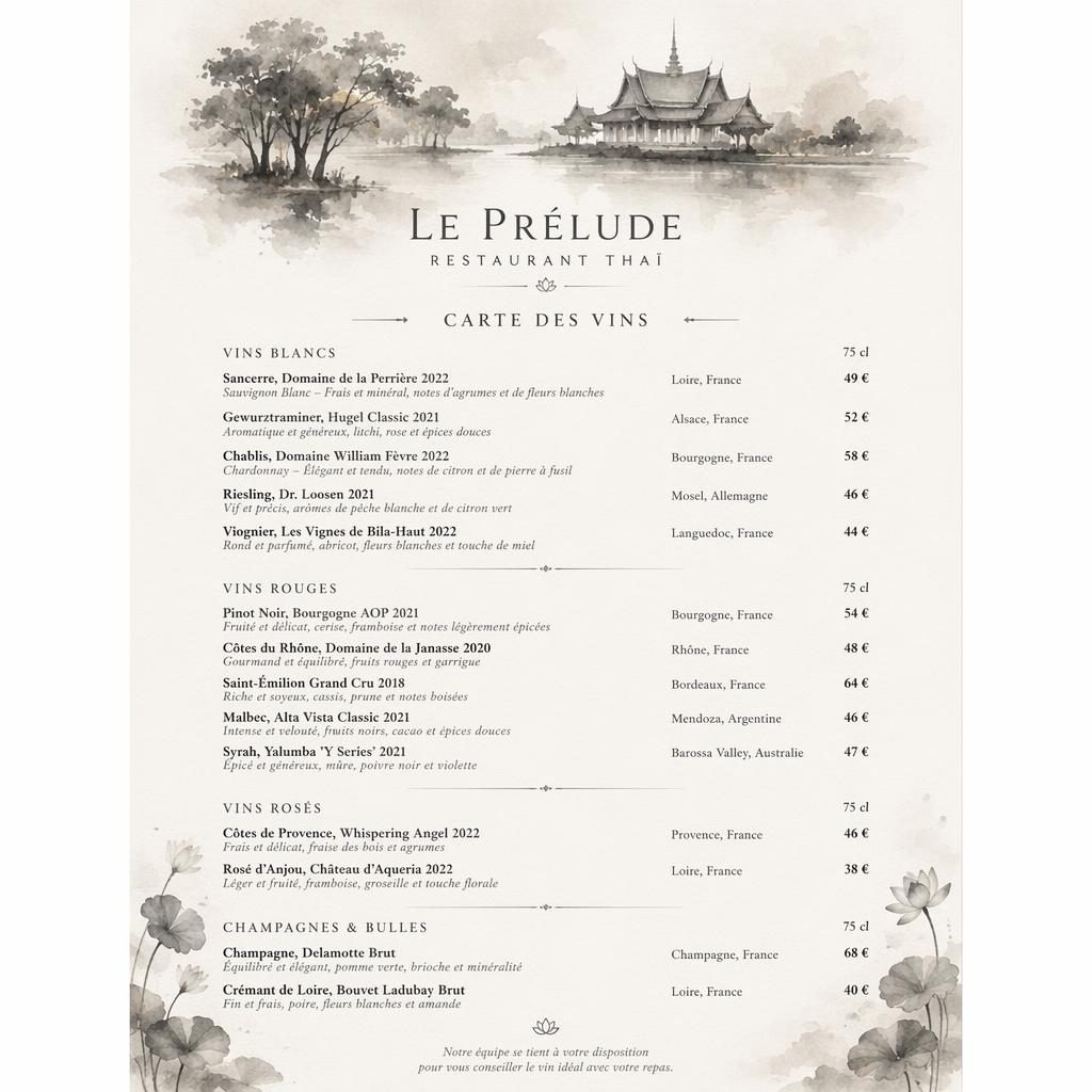 Carte des vins A4 en portrait pour restaurant le prelude, style aquarelle cosy monochrome avec en-tête décoratif.
