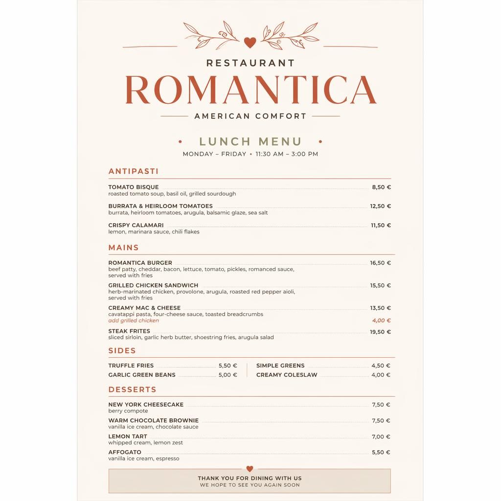 A4-Menükarte für Restaurant Romantica im minimalistischen Swiss-Design mit warmen Erdtönen, Lunch-Gerichten und Preisspalte.