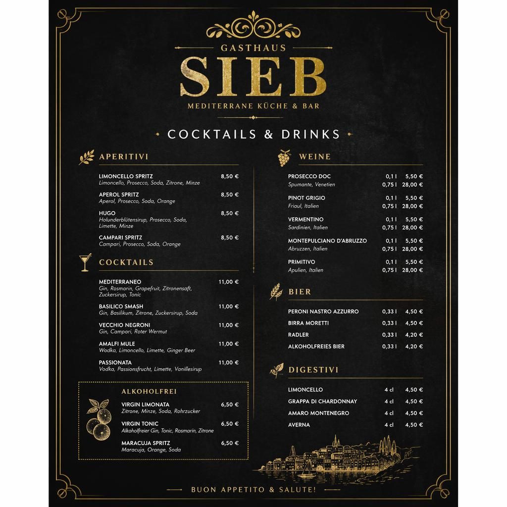 A4-Getränke- und Cocktailkarte für gasthaus sieb im Kreidetafel-Stil, schwarz-gold mit Zierkopf, Rubriken und Preisen.