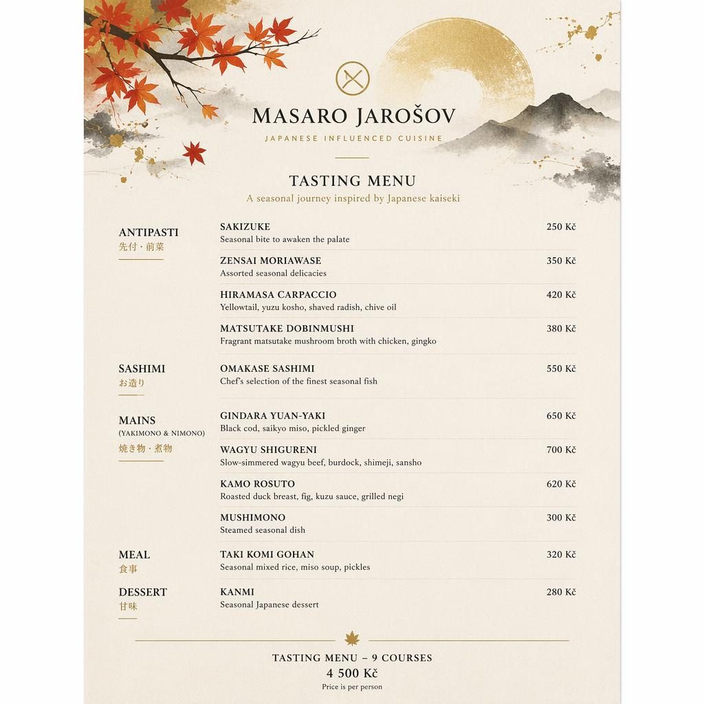 A4 menu karta na výšku pro masaro jarošov menu, japonský kaiseki styl, podzimní paleta, ceny a dekorativní záhlaví.