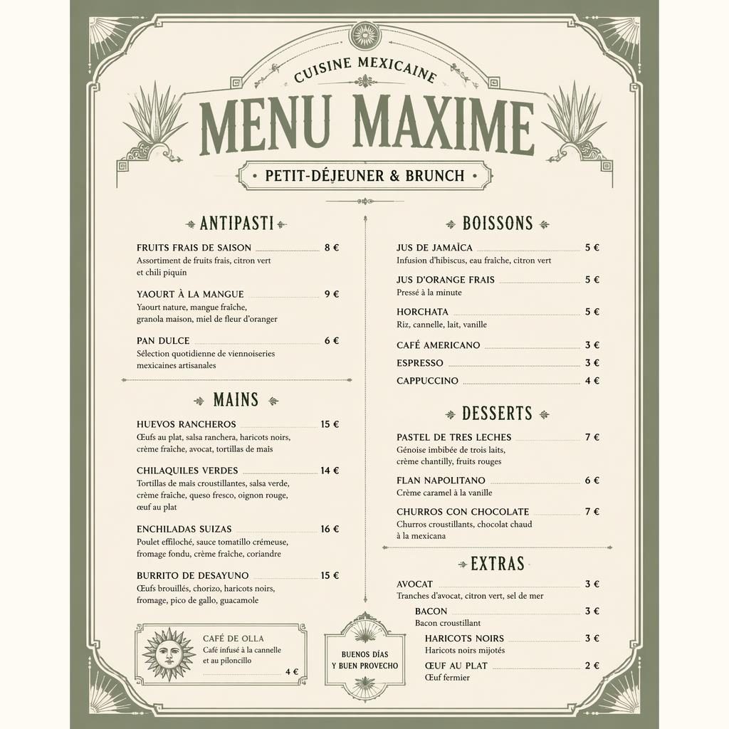 Carte de menu A4 portrait pour Menu Maxime, style vintage années 1920, palette sauge et ivoire, mise en page brunch mexicain.