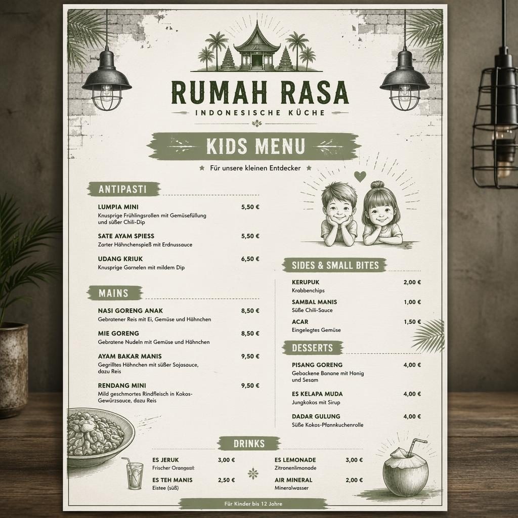A4-Kinderkarte für indonesisches restaurant im Industrial-Loft-Stil in Salbei und Elfenbein mit Preisspalte