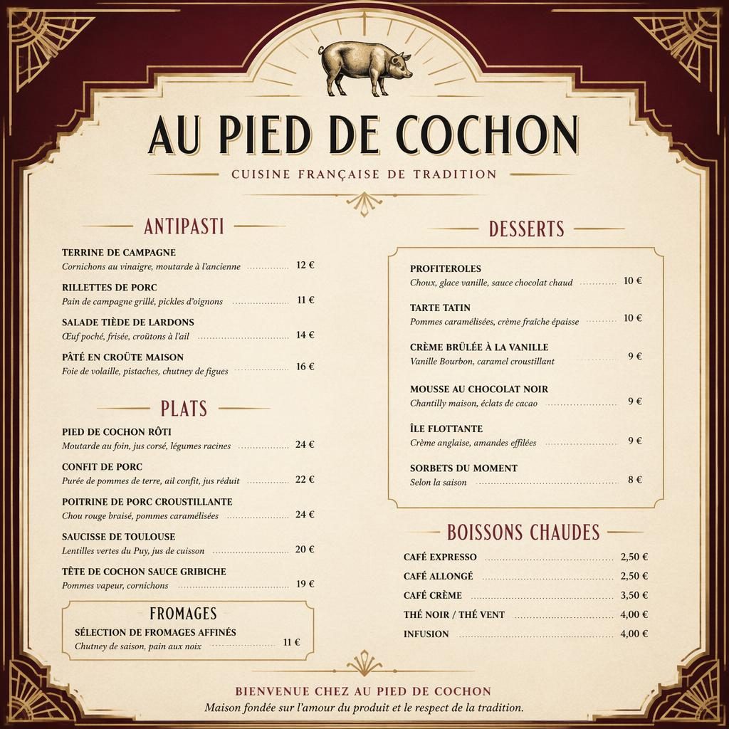 Carte de desserts A4 en style Art déco, palette automnale riche, en-tête décoratif, typographie factice et colonne de prix.
