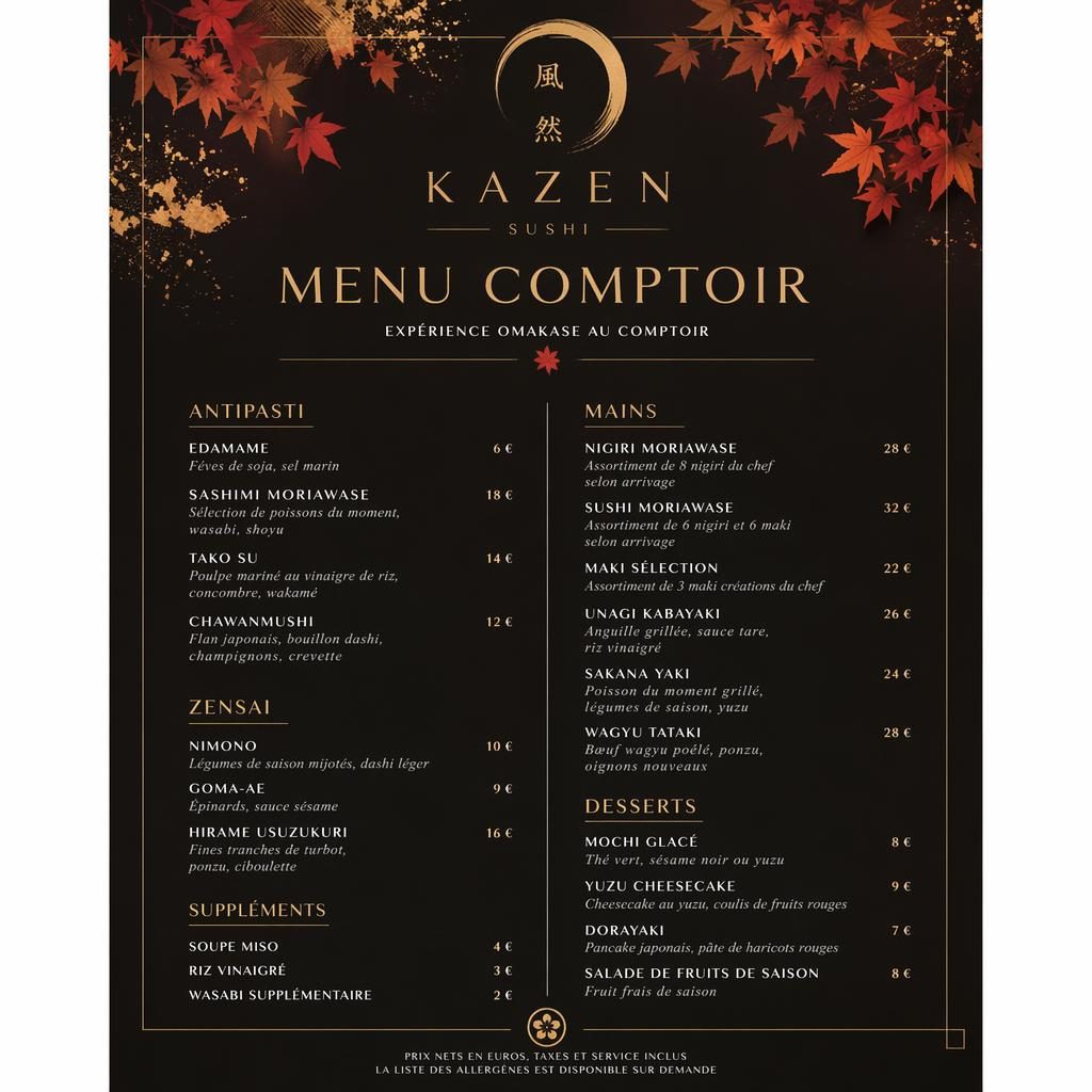 Carte menu comptoir japonaise en format A4 portrait, style luxe, palette automnale, en-tête décoratif et colonne de prix.