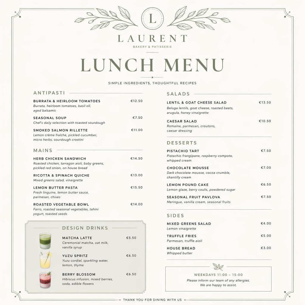 A4 portrait lunch menu card for a bakery patisserie, with minimalist Swiss layout in sage and ivory, decorative header and price column.
