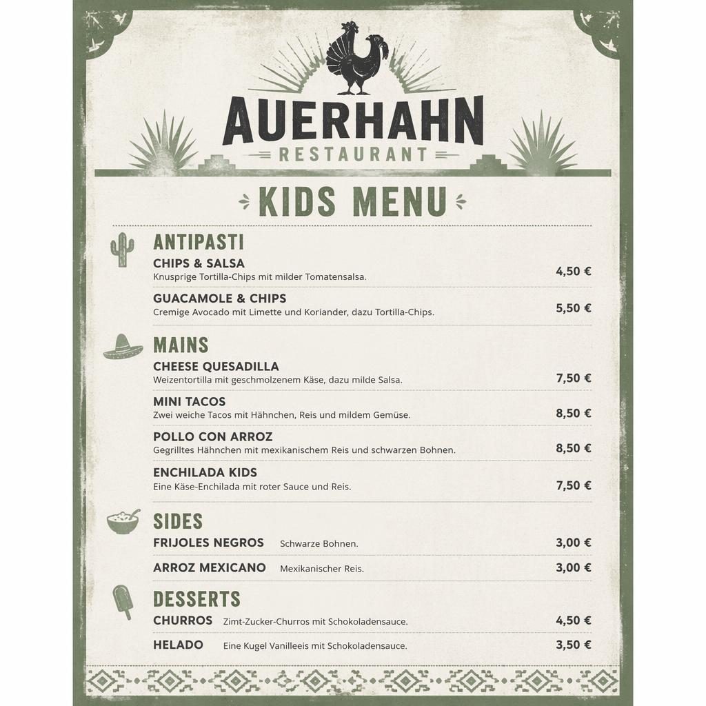 A4-Menükarte für Kinder des Auerhahn Restaurant im Industrial-Loft-Stil in Salbei und Elfenbein mit Preisspalte