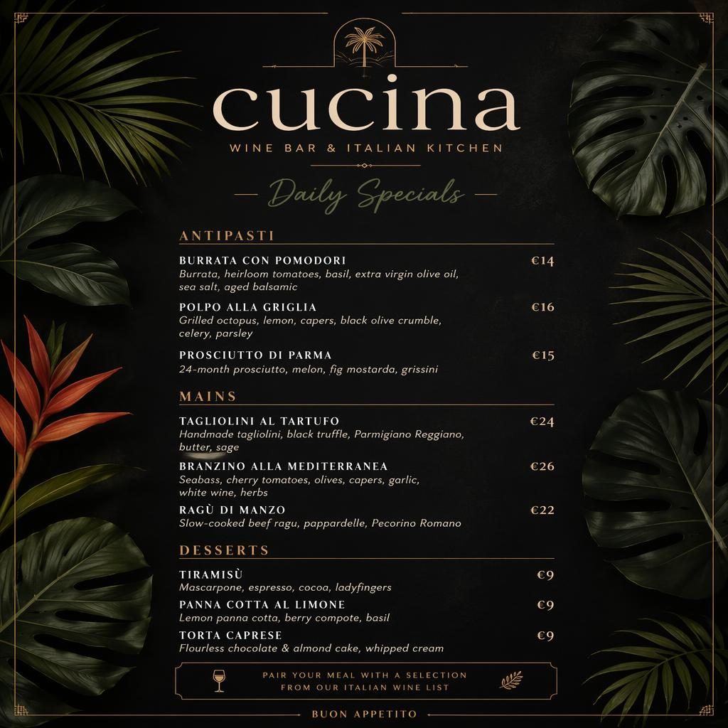 A4-Menükarte für restaurant cucina im tropisch-dunklen Resort-Stil mit dekorativem Kopf, Rubriken, Platzhaltertext und Preisen.