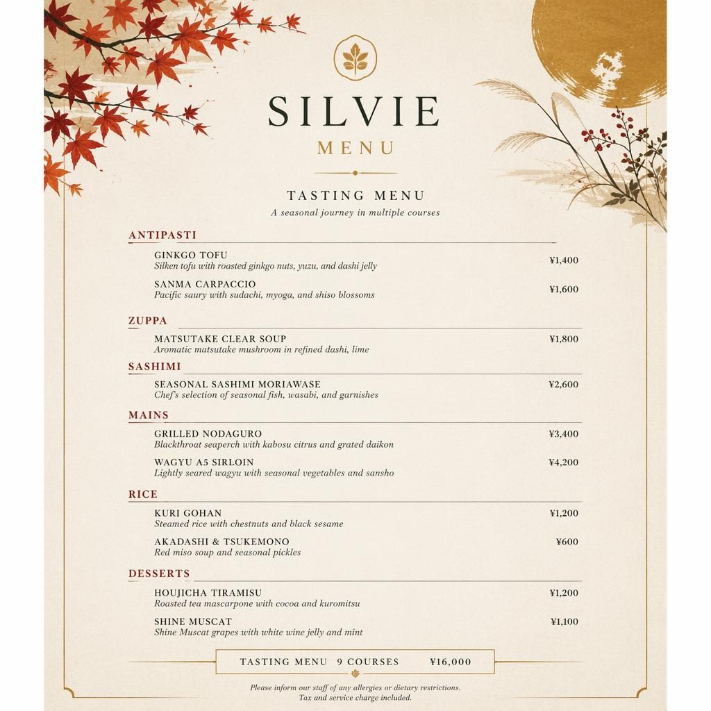 Ilustrace tiskové karty silvie menu ve formátu A4 na výšku, styl japonského kaiseki, podzimní paleta a ceny.