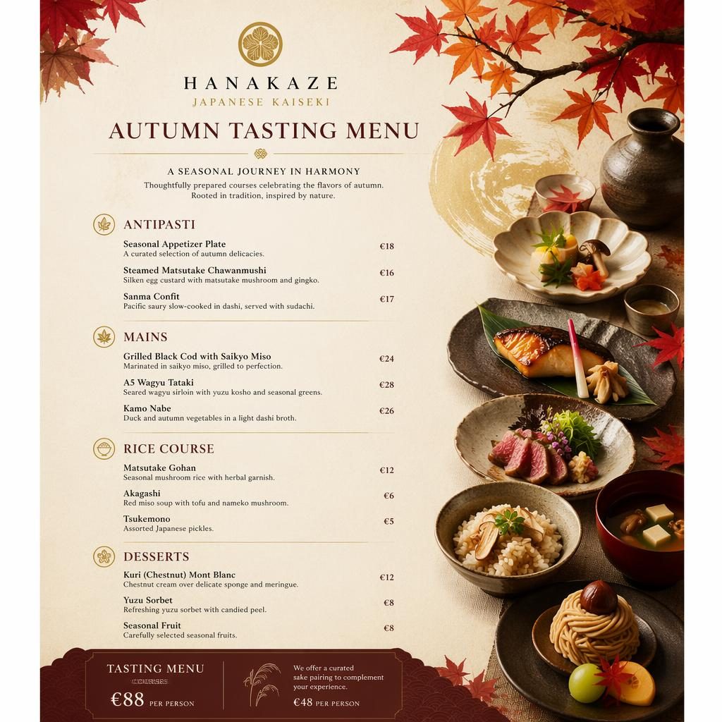 A4 portrait menu flyer with Japanese kaiseki tasting menu, autumn palette, decorative header, placeholder dish text and prices