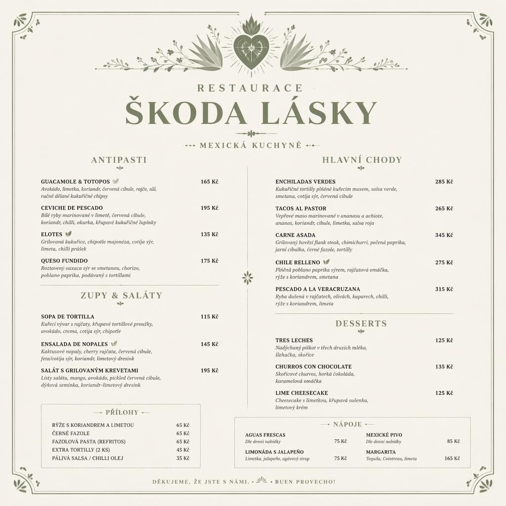 A4 menu karta pro restaurace škoda lásky, luxusní mexický design v šalvějové a slonovinové, s cenami