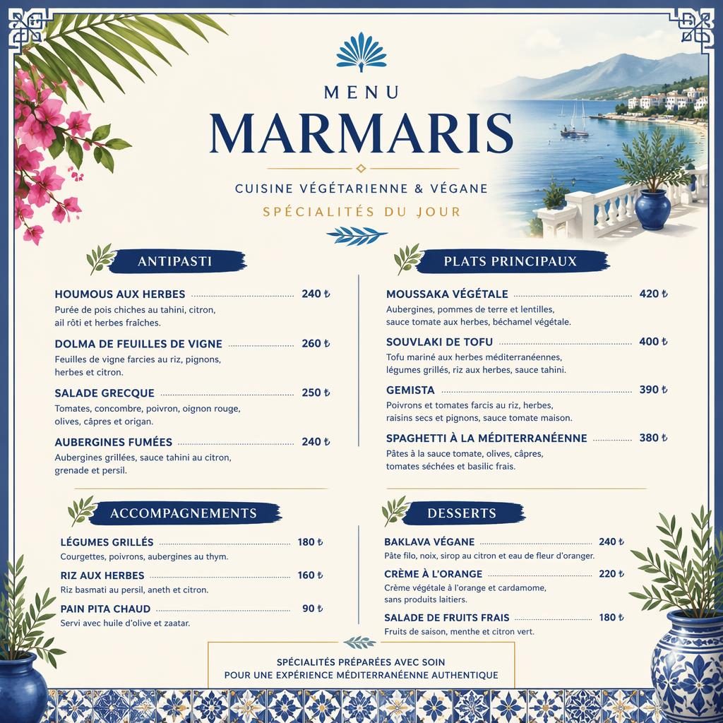 Carte de menu A4 portrait végétarienne et vegan, style resort tropical bleu méditerranéen et crème, avec rubriques, prix et en-tête décoratif.