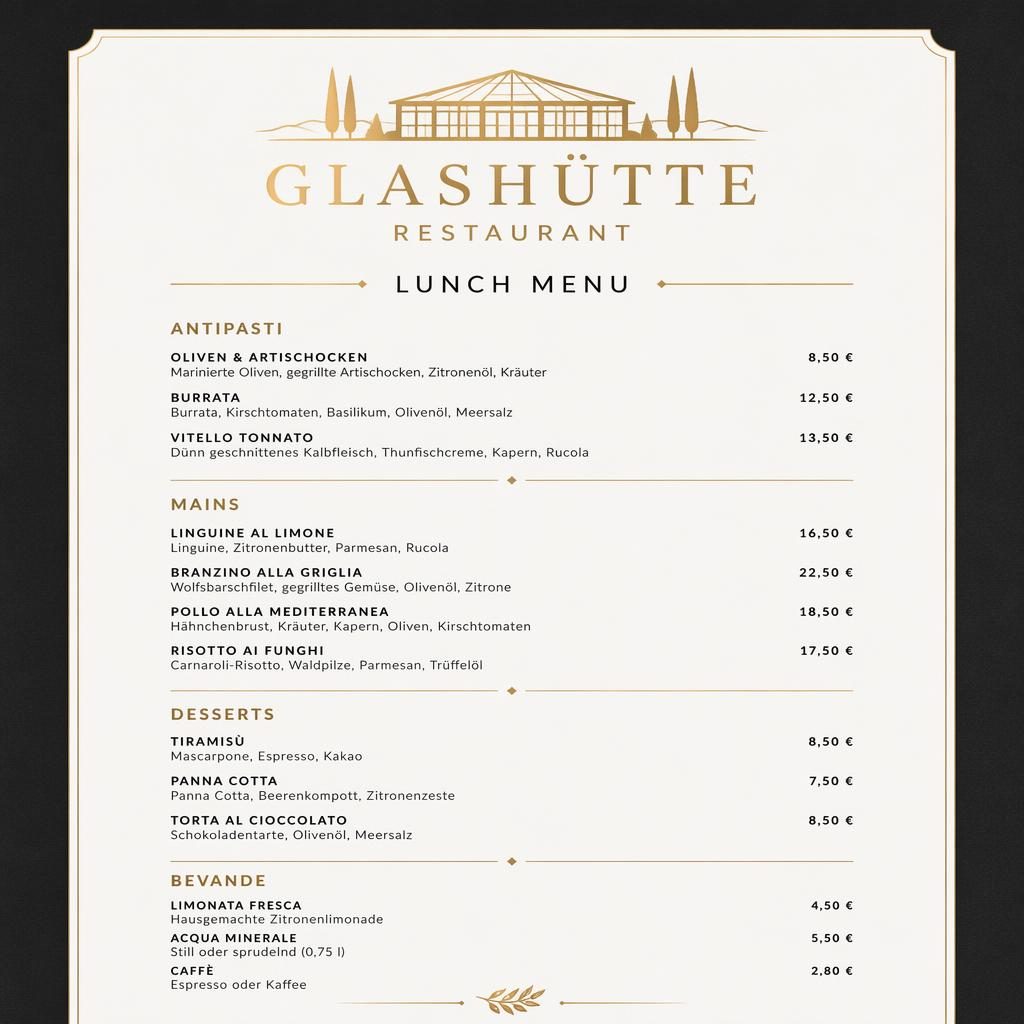 A4-Menükarte im Hochformat für Glashütte Restaurant, minimalistisch in Schwarz und Gold mit Rubriken, Platzhaltertext und Preisen.