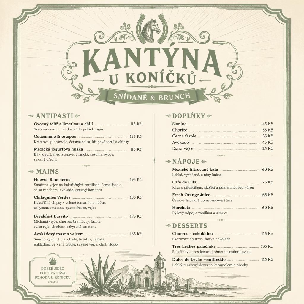 A4 menu karta na výšku pro kantýna u koníčků menu, vintage 20. léta, šalvějová a slonovinová, mexický brunch
