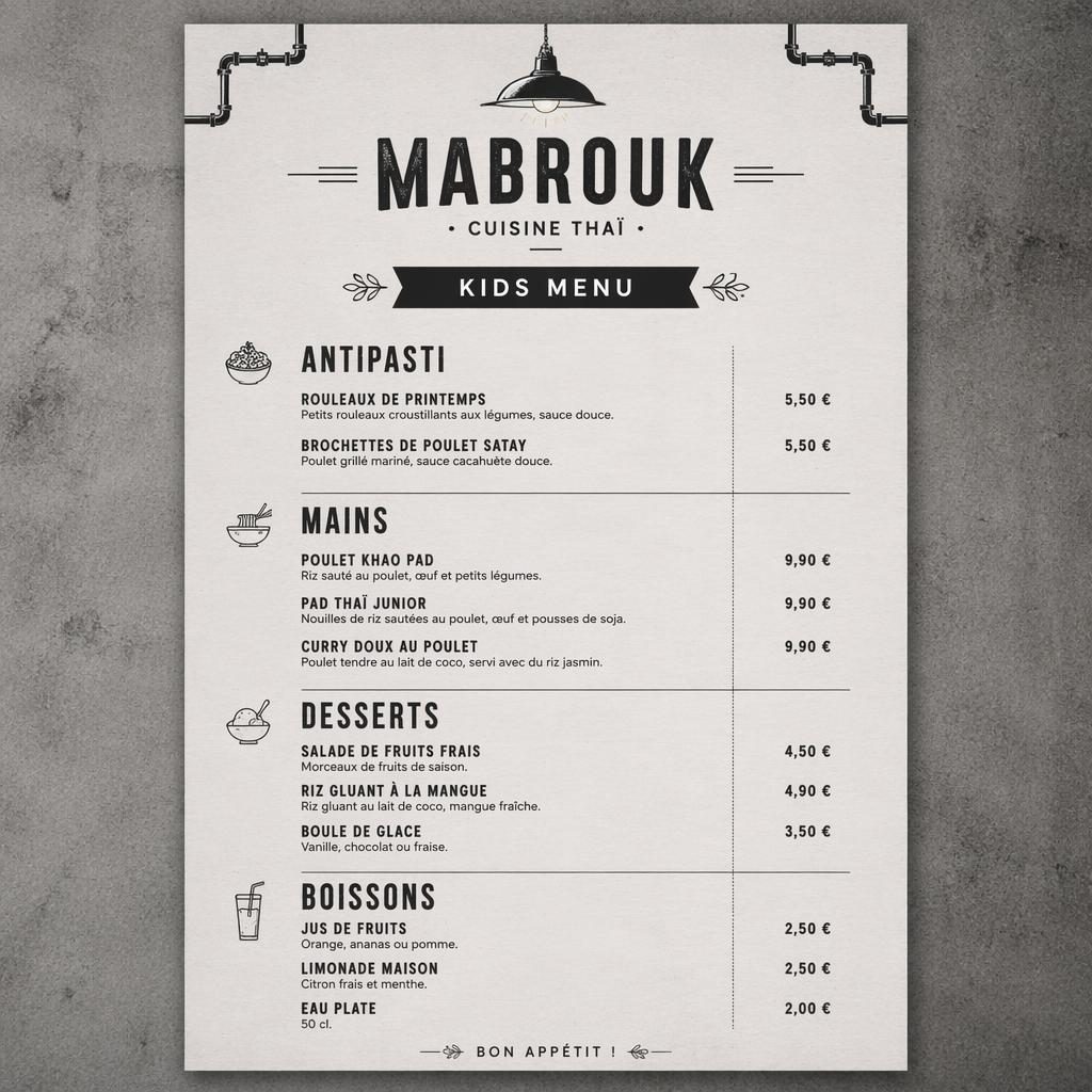 Carte de menu enfant thaï A4 en portrait, style loft industriel monochrome, avec en-tête décoratif, sections et colonne de prix.