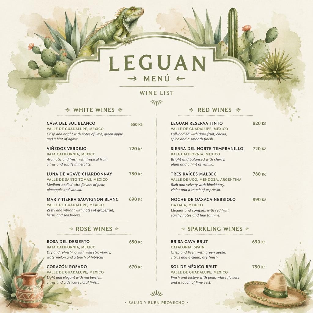 A4 menu karta na víno pro Leguan v mexickém akvarelovém stylu, šalvějová a krémová paleta, dekorativní záhlaví