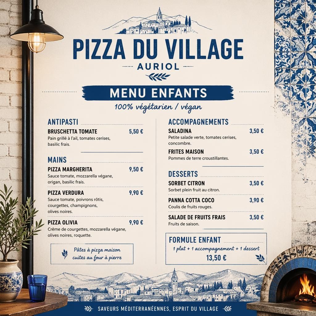 Carte de menu enfant A4 en portrait, style loft industriel bleu méditerranéen et crème, avec en-tête décoratif et colonne de prix.