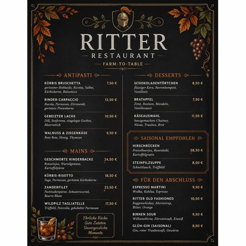A4-Getränkekarte für ritter restaurant im Kreidetafel-Stil mit Herbstfarben, Zierkopf, Platzhaltertext und Preisspalte.