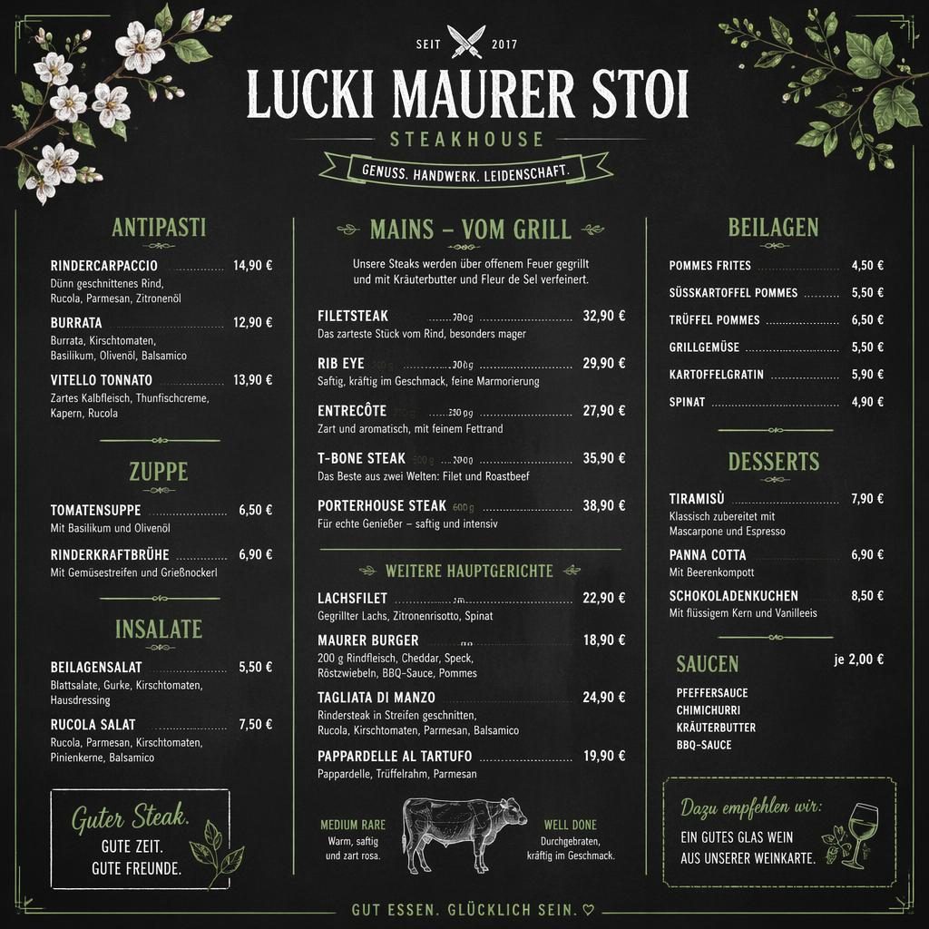 A4-Cocktailkarte im Tafelstil mit Frühlingsfarben, dekorativem Header, Platzhaltertext, Preisleiste und Steakhouse-Optik